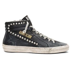 GOLDEN GOOSE Slide Sneakers in Black Leather with Studs. Current style